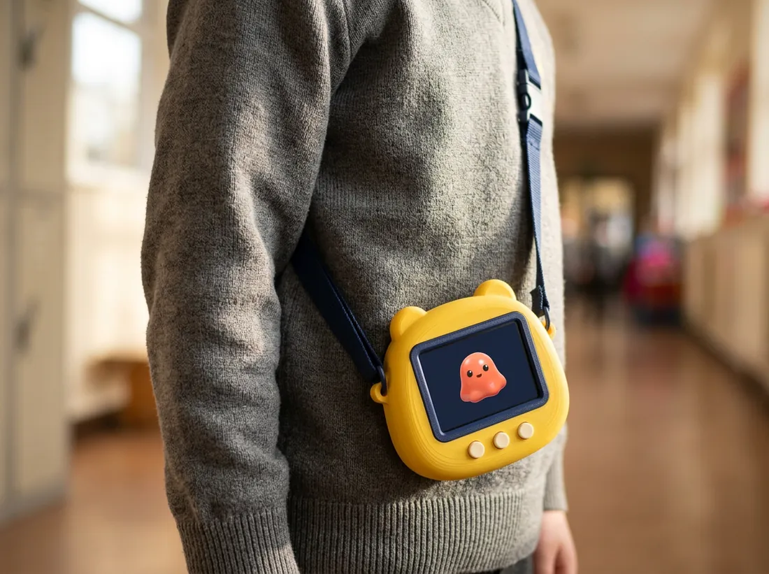 Concept render of a child's torso, face not shown, wearing a grey school jumper with a yellow Buddy hanging at hip height on a navy strap worn across the body from one shoulder.