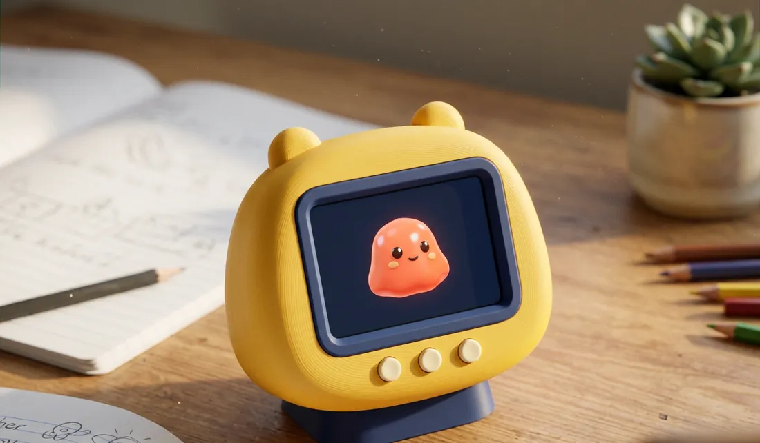 Concept render of the CYD Buddy: a rounded yellow 3D-printed case with two little ears, a navy-framed screen showing a smiling coral blob pet, on a child's homework desk.
