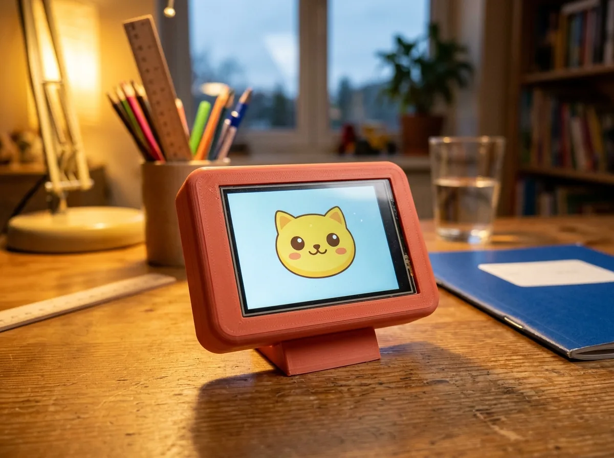 A coral 3D-printed Buddy on a small stand on a child's wooden desk in the evening, its screen showing a smiling yellow cartoon cat, with a pencil pot, a glass of water and a blue exercise book.
