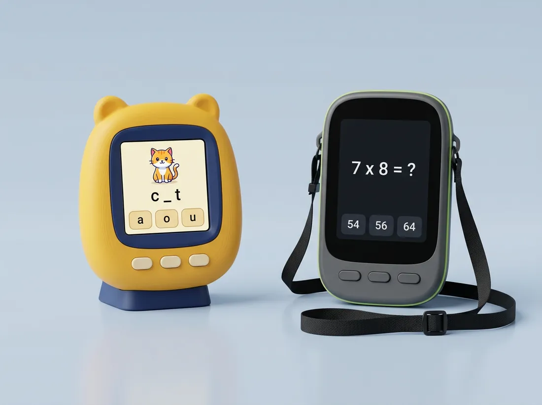 Concept render of two Buddies side by side. On the left a yellow case with ears on a desk stand shows a cartoon cat and the spelling c blank t. On the right a slim graphite case with a black shoulder strap shows the sum 7 times 8 with answers 54, 56 and 64.
