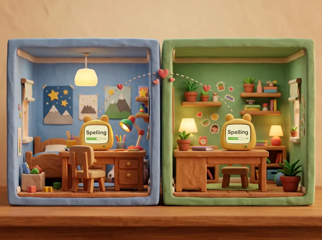 Clay-style illustration of two children's bedrooms side by side, each with a yellow Buddy whose screen reads Spelling 7 of 10, joined by a dotted line of hearts.