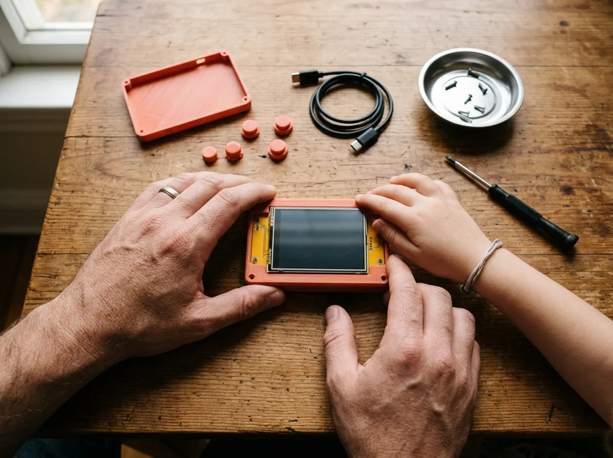 AI-made concept picture, seen from above: an adult's hands and a child's small hands pressing a coral 3D-printed case around a yellow touch-screen circuit board on a wooden kitchen table, with button caps, a USB cable, a small screwdriver and screws around them. No faces.