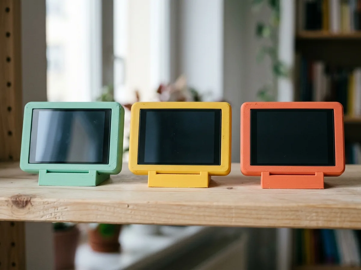 Three 3D-printed Buddies in mint, yellow and coral standing on matching printed stands on a wooden shelf, screens off.