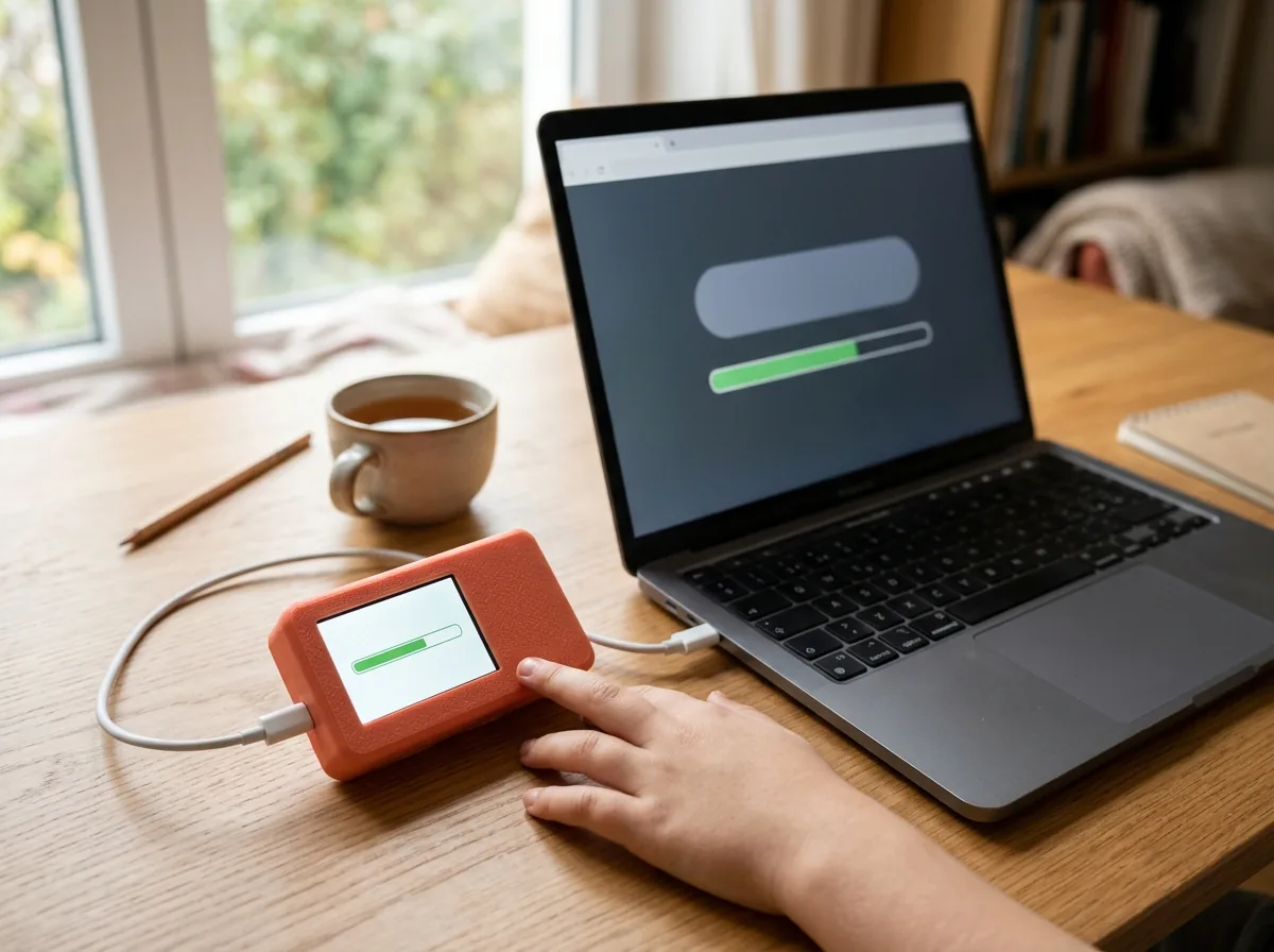 AI-made concept picture: a coral Buddy joined to an open laptop by a white USB cable, both screens showing a green progress bar, with a child's hand resting nearby.
